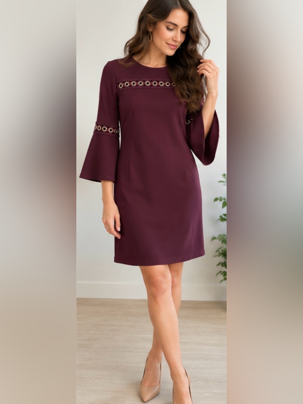 Dress Barn Burgundy Gold Eyelet Bell Sleeve Dress XS Fits S